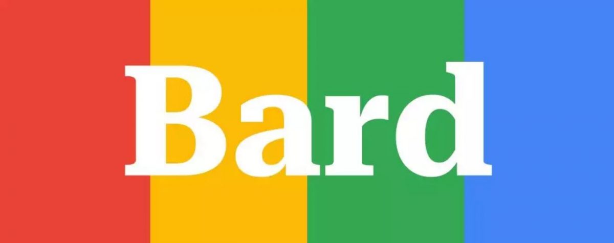 Logo di Bard sopra una bandiera arcobaleno.