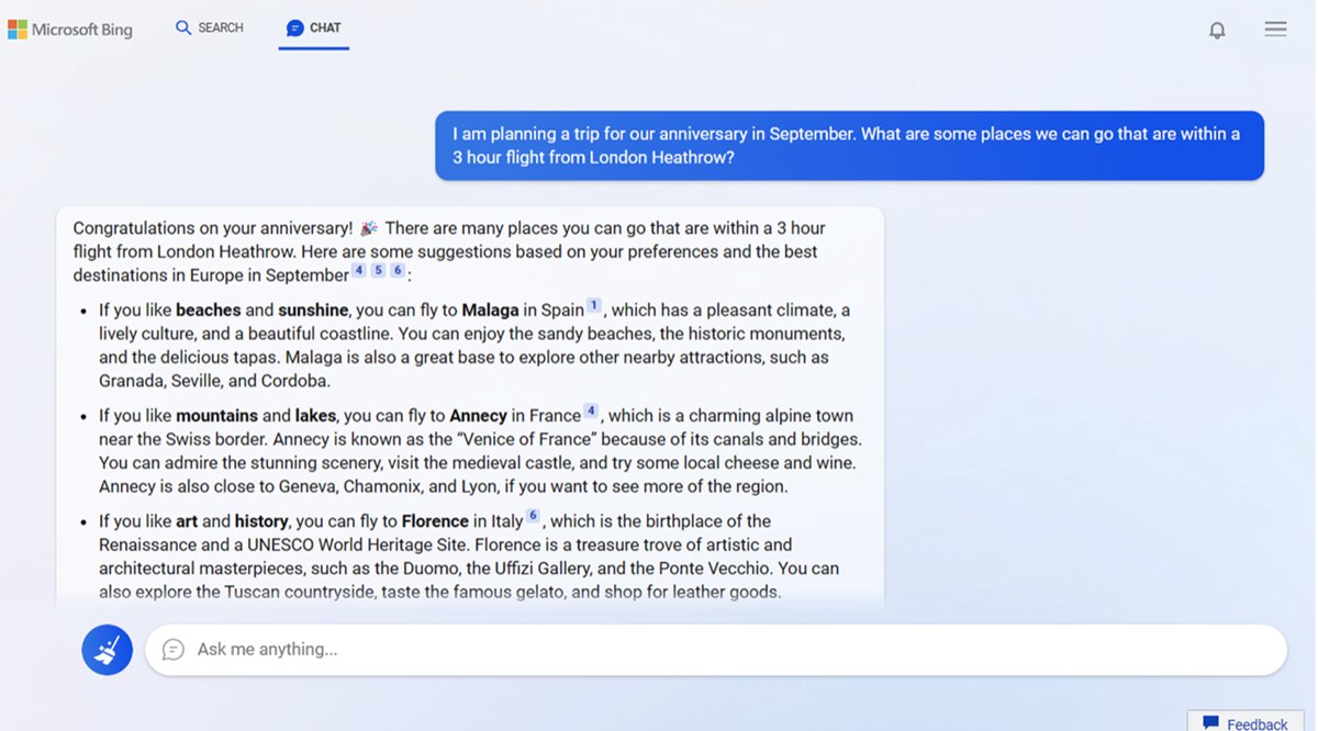 Esempio di una risposta complessa data dal chatbot di Bing riguardo un viaggio di anniversario.