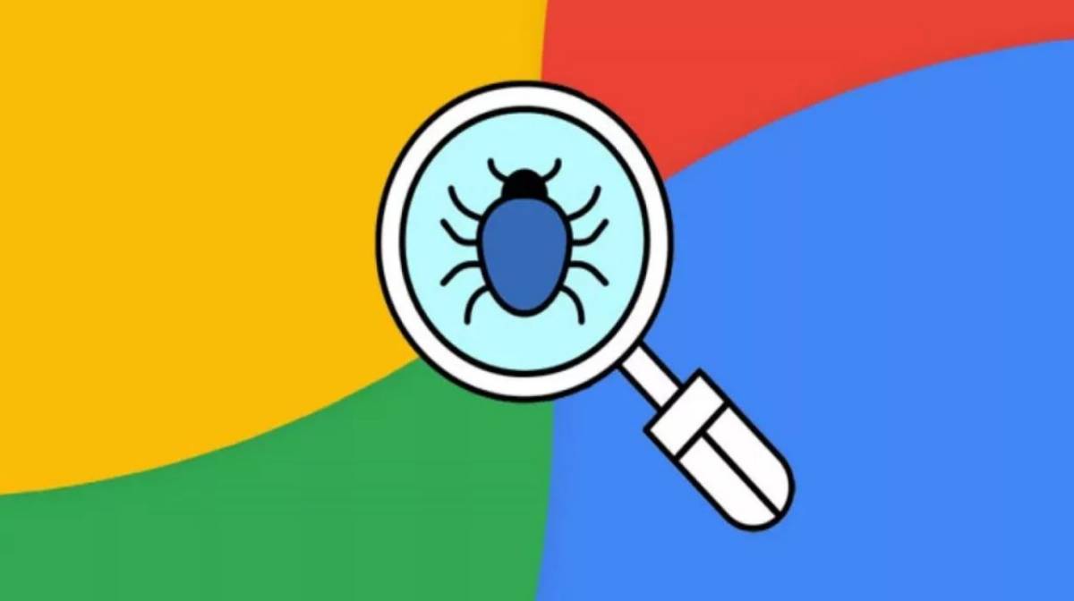 Uno scarafaggio viene puntato da una lente d'ingrandimento, circondata dai colori del logo Google.