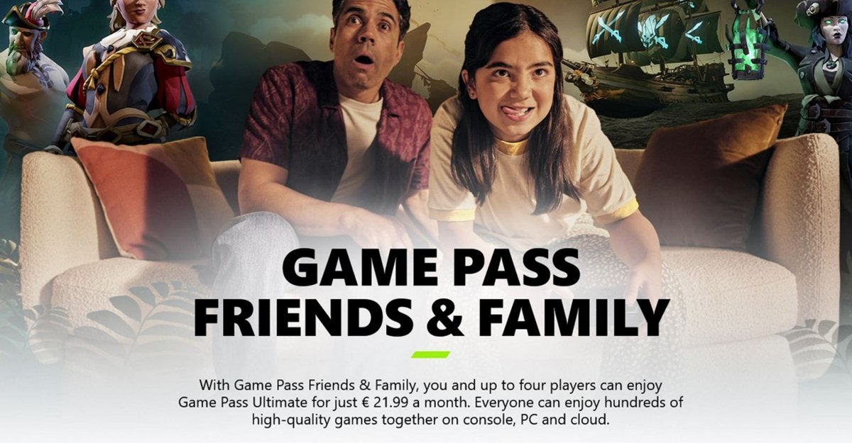 Immagine promozionale di Game Pass Friends & Family dove due persone giocano insieme sul divano.