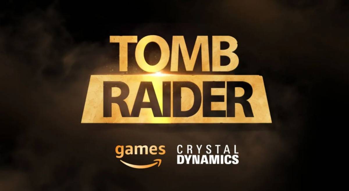Il logo di Tomb Raider con iloghi di Amazon Games e Crystal Dynamics