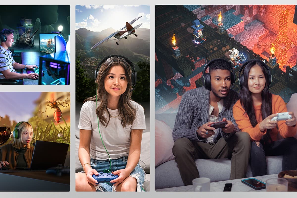 Collage di diverse persone che giocano, ognuno nella propria stanza, su Xbox.