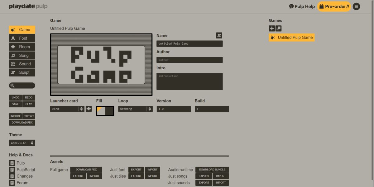 L'interfaccia del game editor online Pulp.