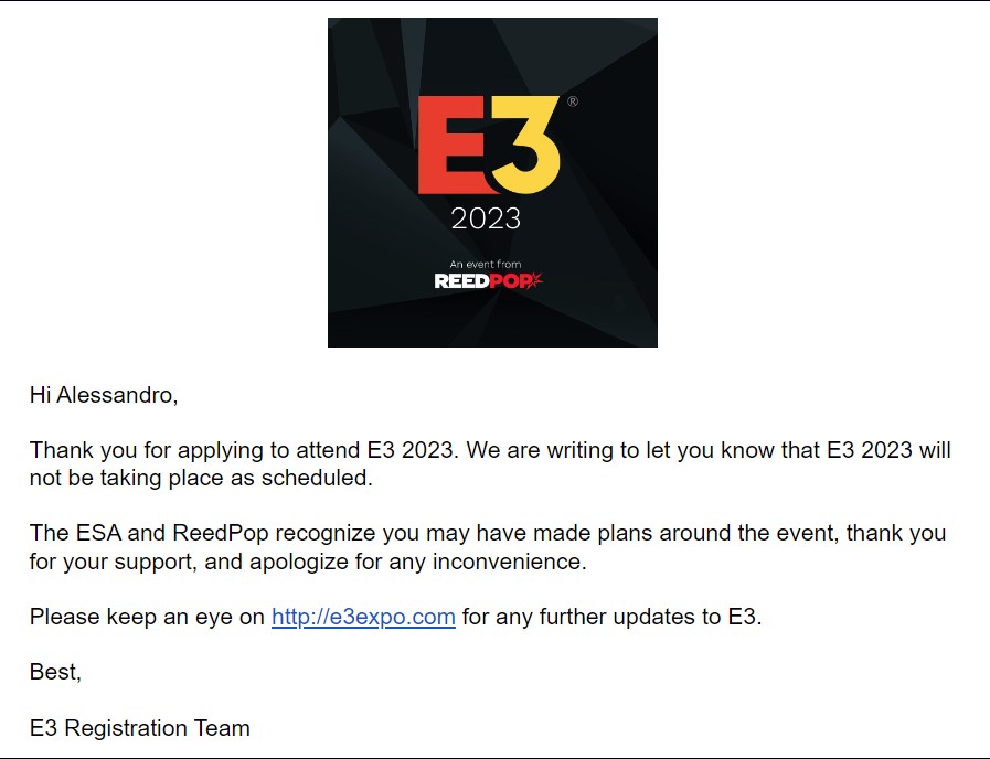 E3 cancellation email