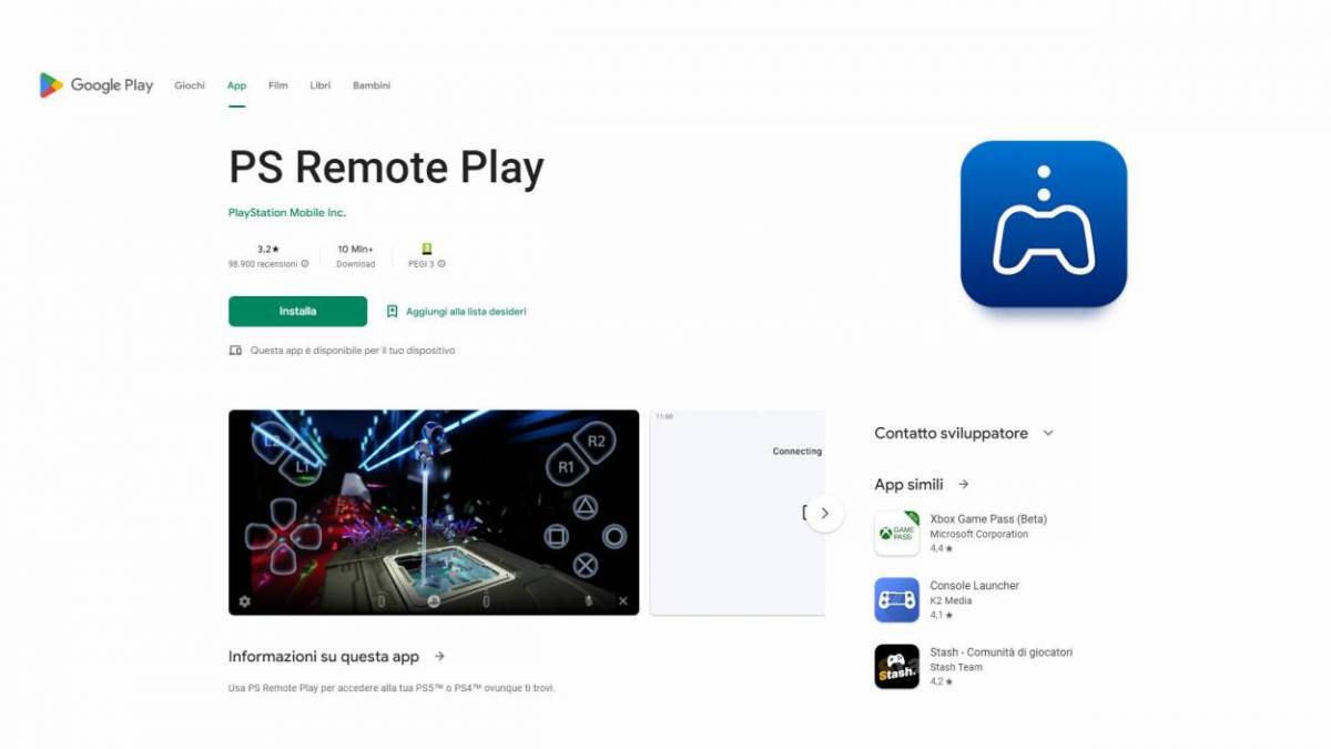 Google Store, la schermata dell'app PS Remote Play.