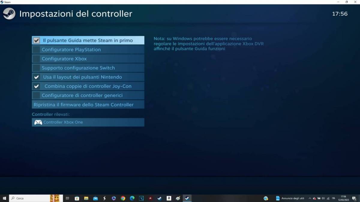 Steam, schermata delle impostazioni del controller.
