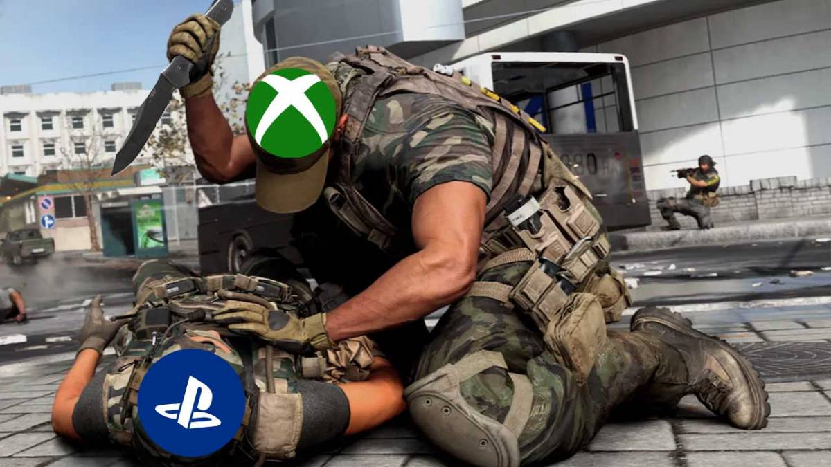 Un soldato di CoD con il logo X-Box sopra la testa uccide un soldato coperto dal logo PlayStation.