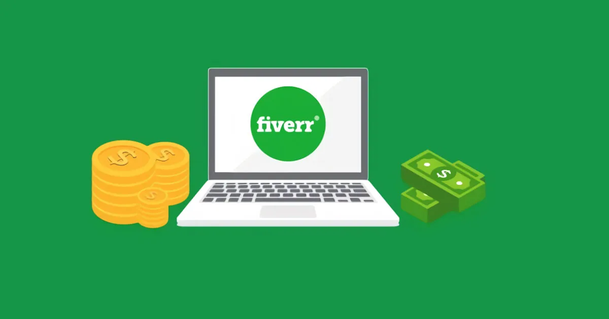 Disegno che mostra il logo di Fiverr su un PC e dei soldi