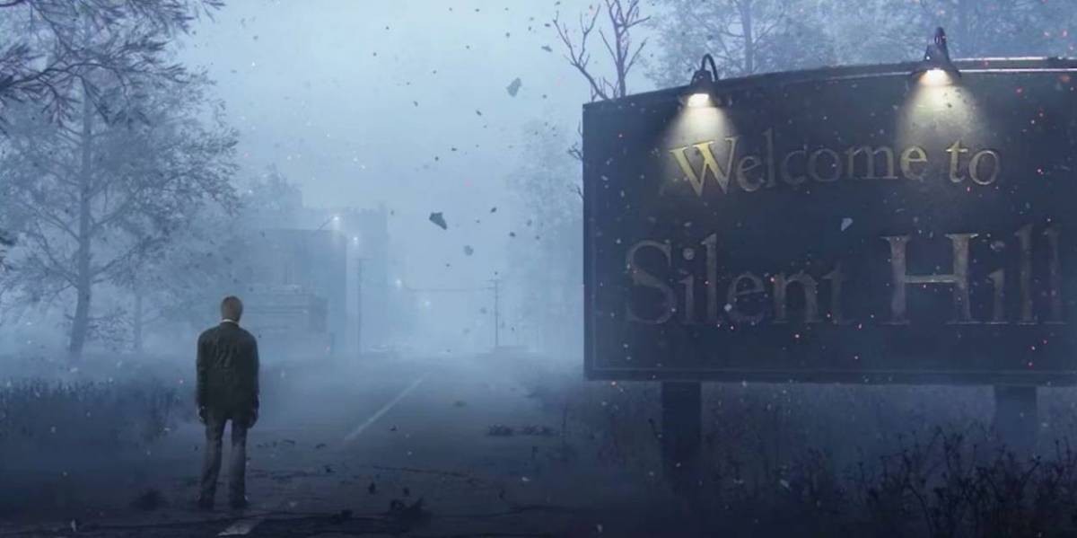 Concept del nuovo film dove James, il protagonista di Silent Hill 2, è ritratto vicino all'insegna iconica
