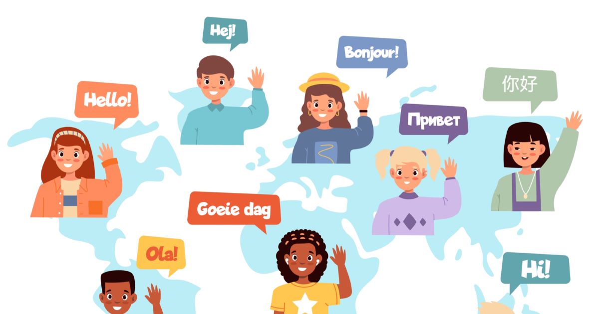 Disegno che mostra vari saluti in tutte le lingue del mondo