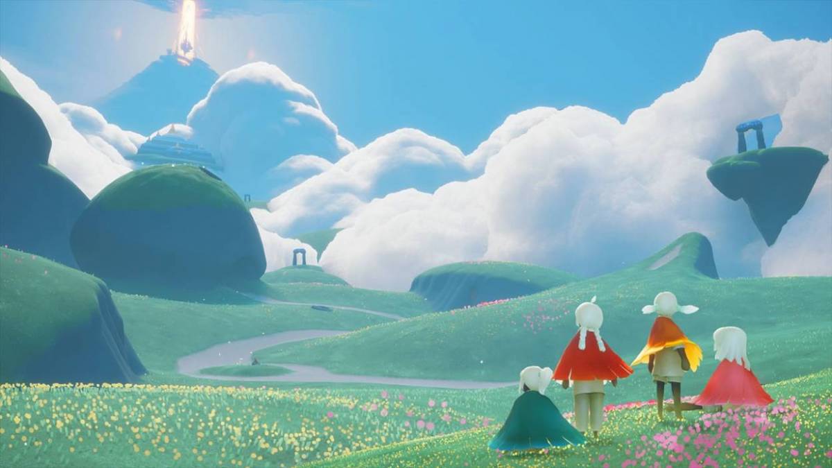 Quattro bambini di luce ai piedi di un panorama verdeggiante condito da grossi banchi di nuvole pacifiche.