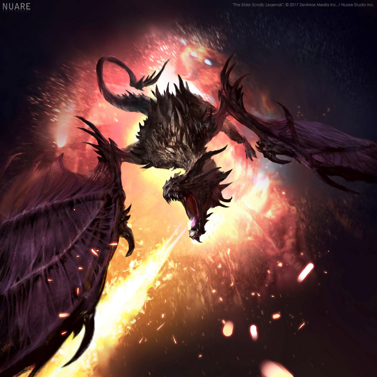 Un artwork del drago Alduin, il boss finale in Skyrim.