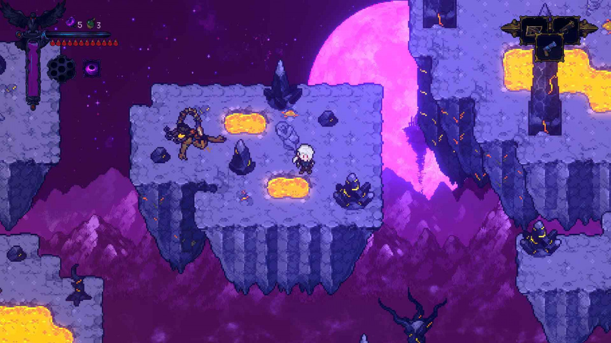 Un isola volante con una luna viola sullo sfondo