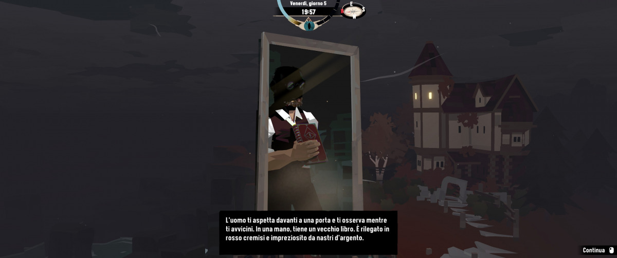 Un abitante di un'isola remota di DREDGE si presenta al giocatore di notte.