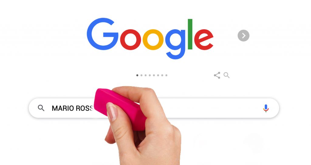 Immagine in cui viene cancellato con una gomma il nome MARIO ROSSI dalla barra di ricerca di Google
