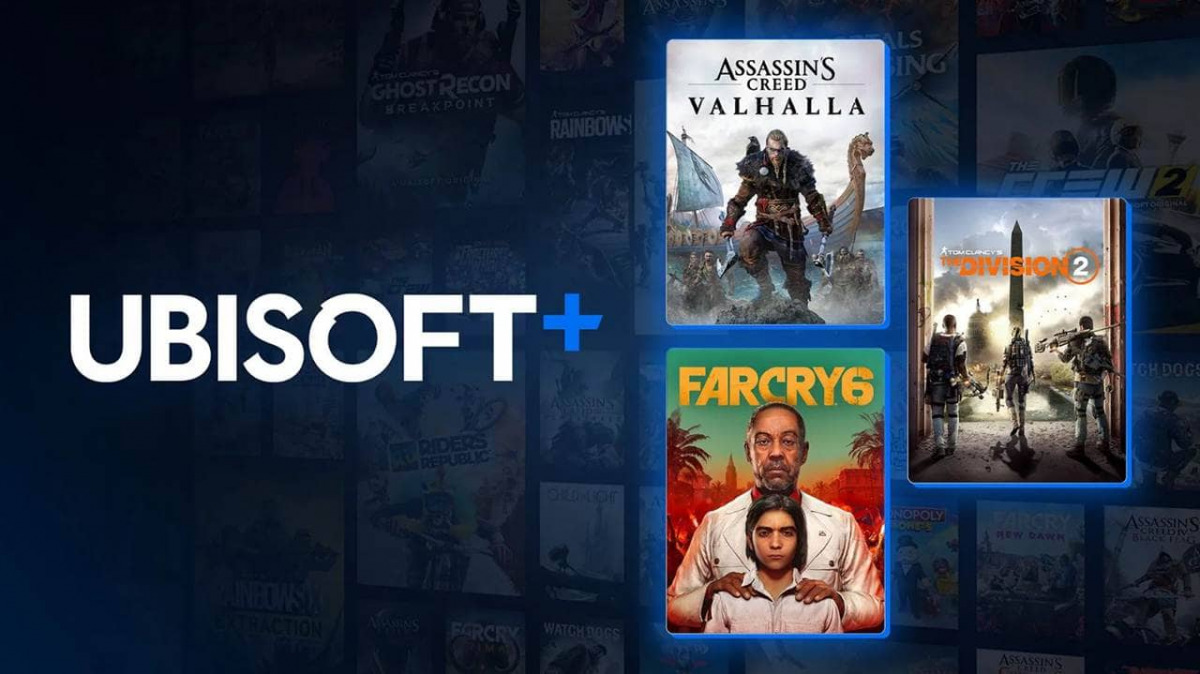 Logo Ubisoft+ e alcuni giochi celebri della software house francese come Assassin's Creed Valhalla