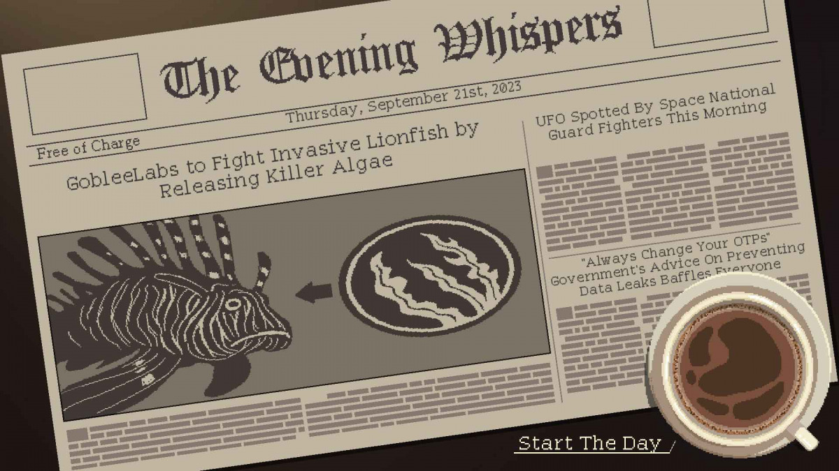 Un giornale del "The Evening Whispers". Il titolo principale dice che un pesce fantasy sta venendo combattuto aggiungendo alghe killer 