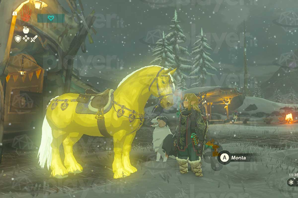 Link sotto la neve con il cavallo dorato di zelda tears of the kingdom e un cane carino