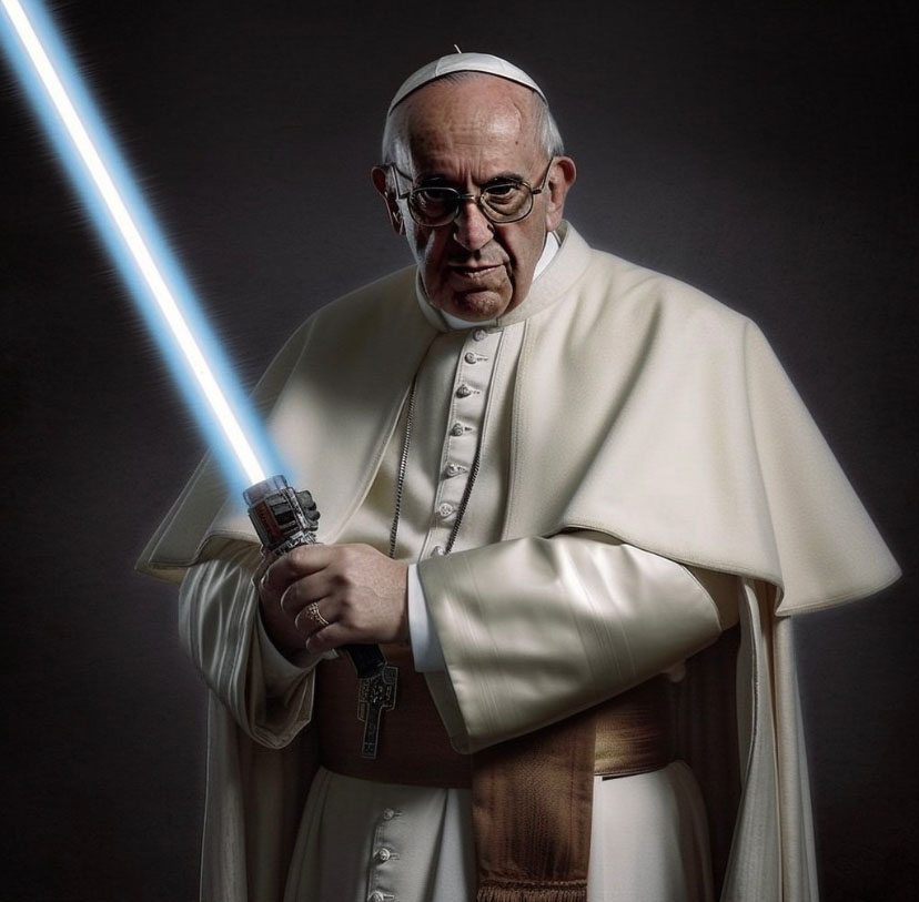 foto del papa che ha una spada laser e sembra un jedi cattolico