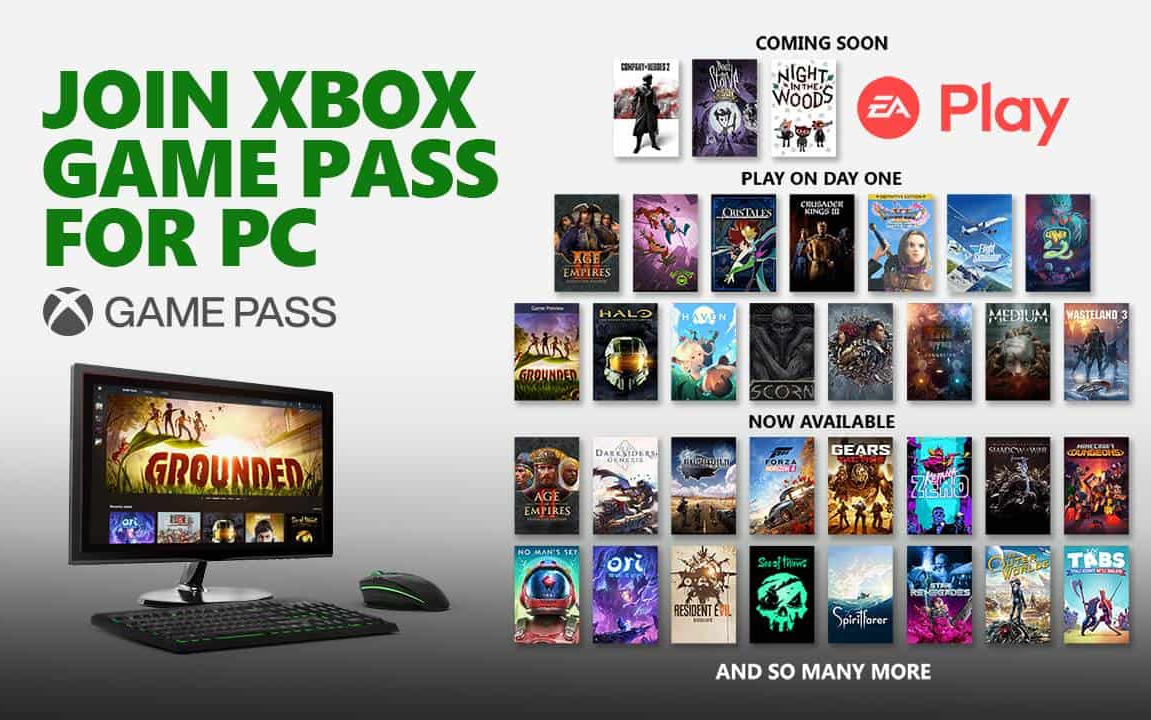 Immagine promozionale del Game Pass PC con diverse cover dei titoli presenti nella piattaforma