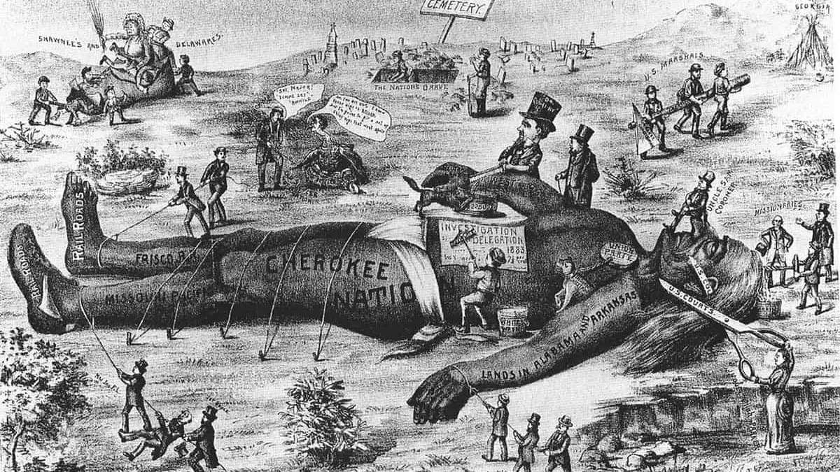 Illustrazione raffigurante la deturpazione ai danni dei Cherokee da parte dei coloni statunitensi.