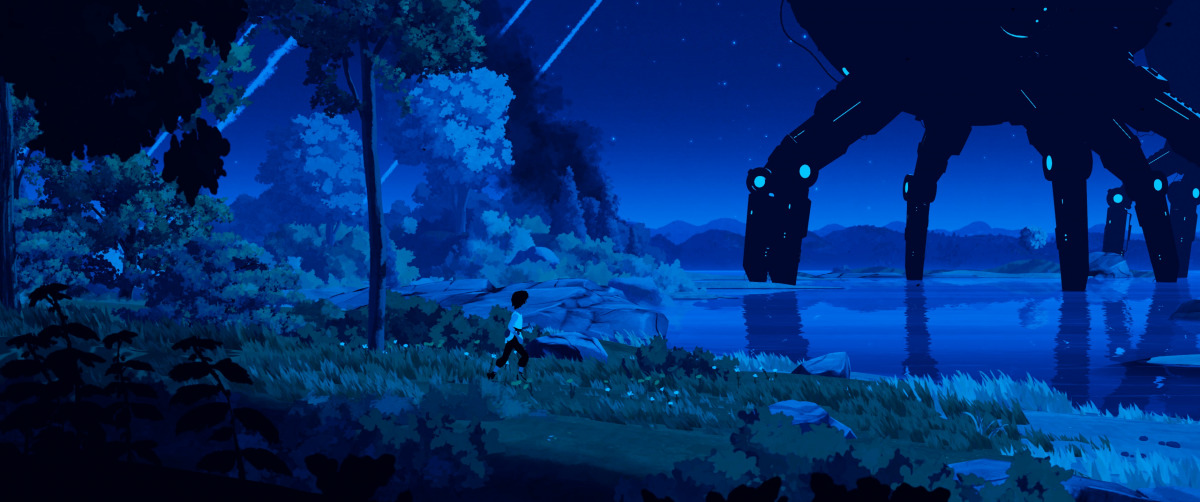 Scenario notturno con un Robot gigante che cammina sullo sfondo in Planet of Lana