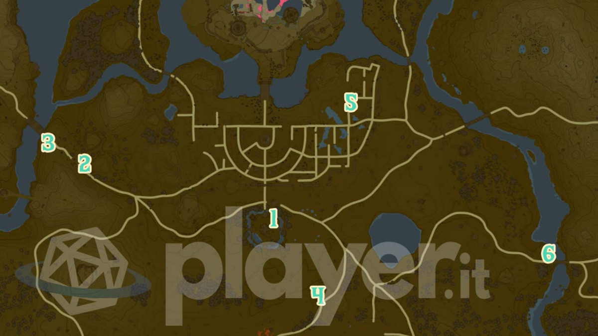 Mappa della regione di Hyrule Centrale con i punti dove trovare i pozzi di The Legend of Zelda: Tears of the Kingdom.