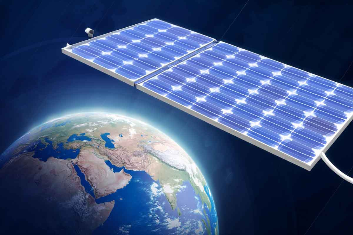 Pannelli solari che fluttuano nello spazio e danno energia sulla terra