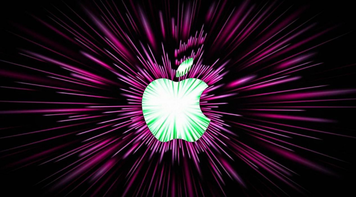 Logo Apple circondato da luci viola