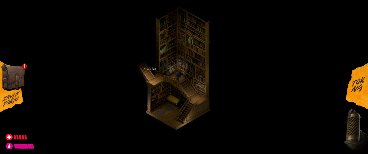 Una piccola stanza nell'ambientazione di un libro di The Bookwalker, con vista in visuale isometrica