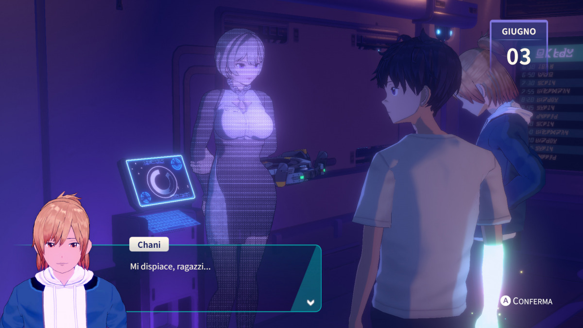 Chani e il protagonista di Eternights interagiscono con un avatar.