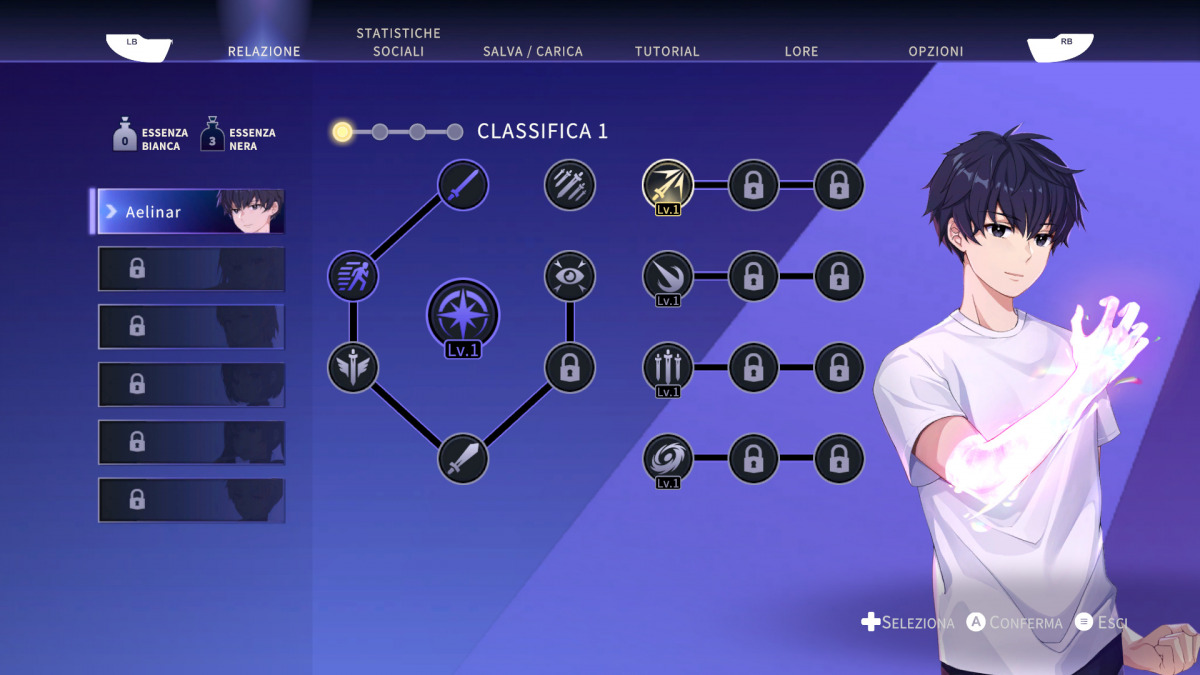 Eternights, la schermata delle abilità dei personaggi.