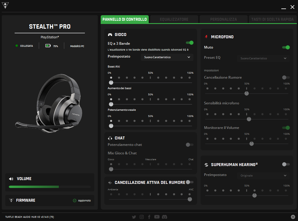 La schermata del pannello di controllo delle cuffie Stealth Pro. Contiene l'equalizzatore in modalità gioco, il microfono, la cancellazione attiva del rumore e il superhuman hearing