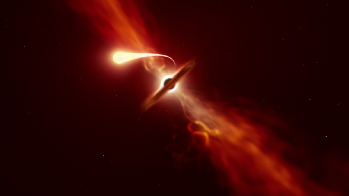 Buco nero che assorbe una stella circondato da una luce rosso fuoco.