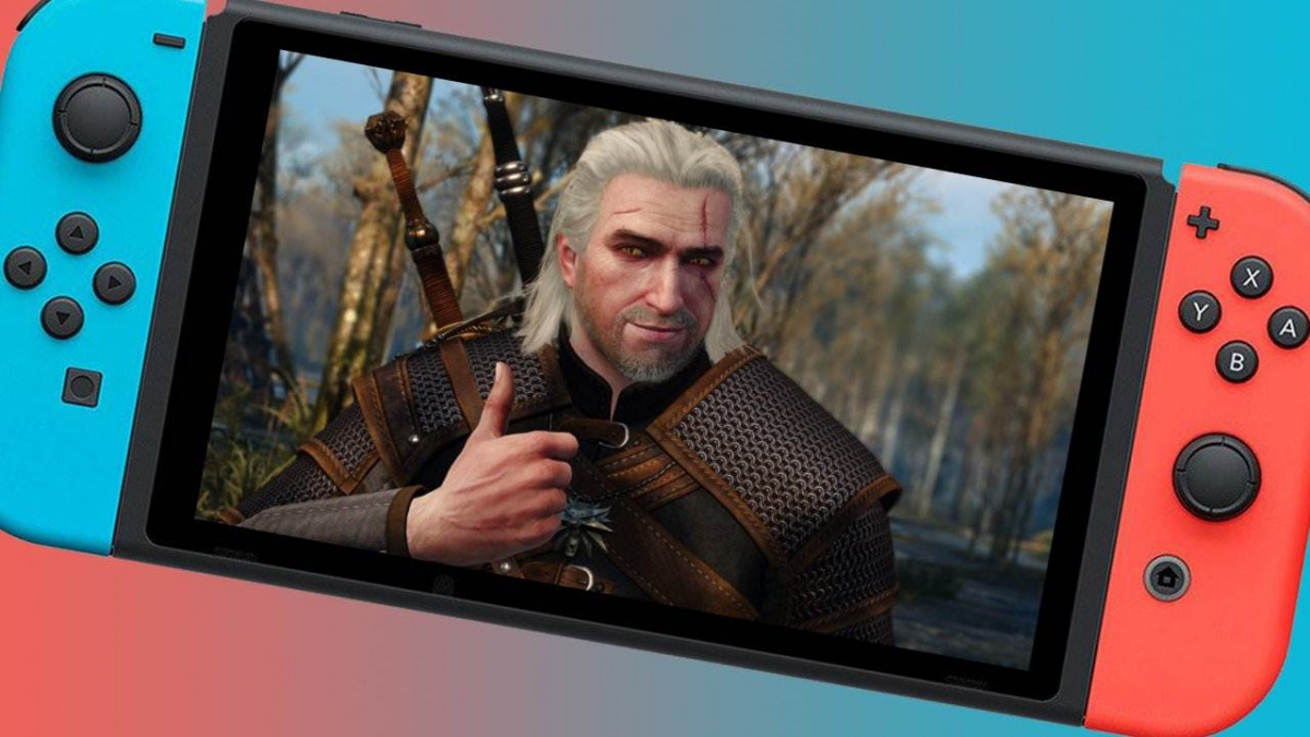 Geralt dentro lo schemro di una Switch che sorride