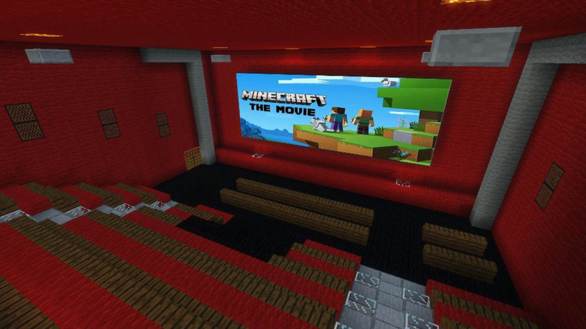 Un cinema realizzato su Minecraft che proietta un film su Minecraft