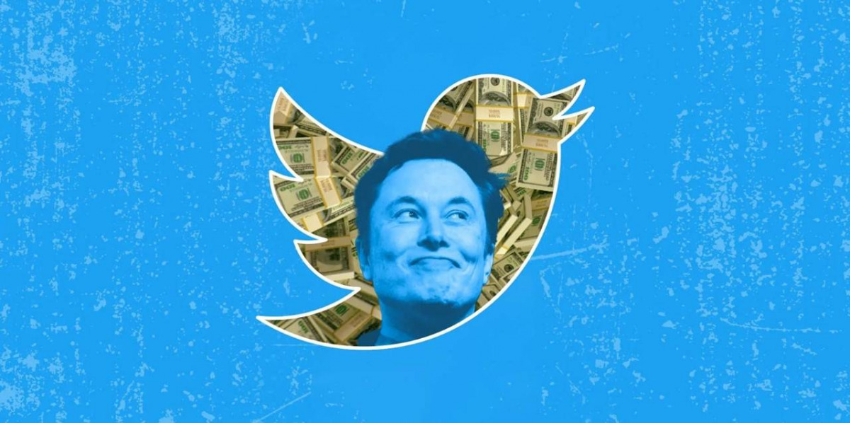 Logo Twitter coperto da banconote e dal volto di Musk