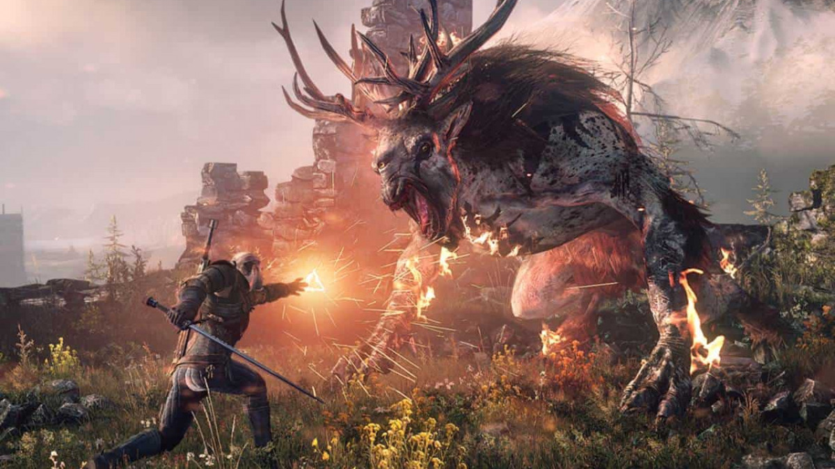 Geralt utilizza il sigillo del fuoco contro un mostro