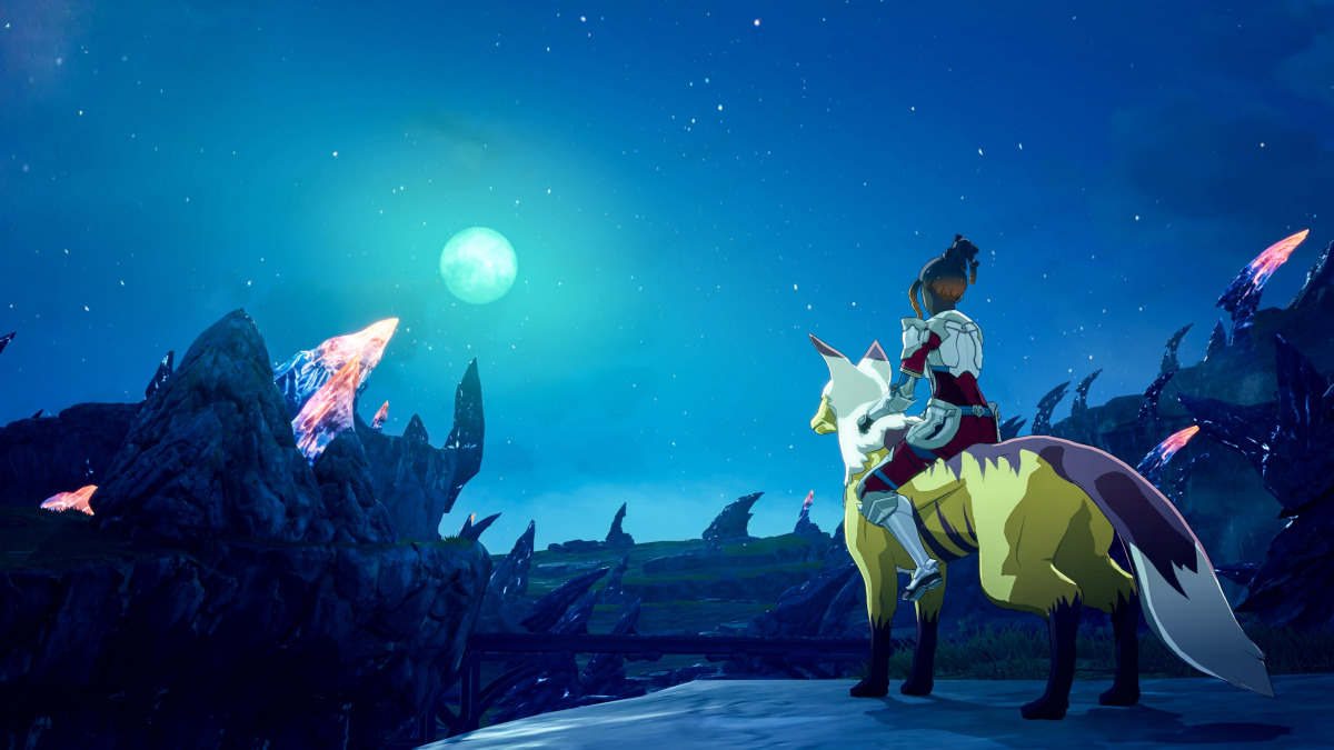 personaggio blue protocol a cavallo di una grande volpe gialla mount di notte