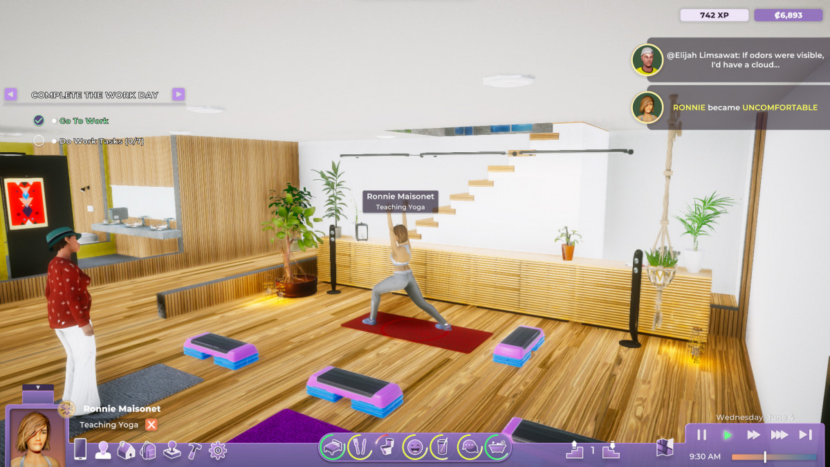 Un personaggio di Life By You controllato dal giocatore svolge compiti di lavoro: fa yoga nella palestra di cui è dipendente.