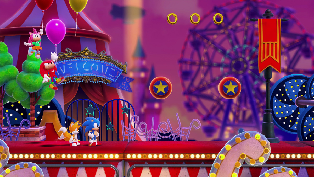 Sonic e Tails in un livello di Sonic Superstars a tema luna park.