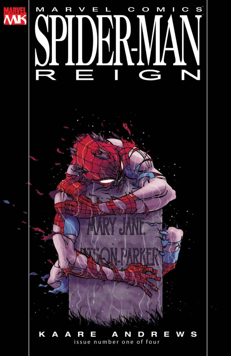 La prima copertina di Spider-Man: Il Regno in cui Peter abbraccia la tomba di Mary Jane