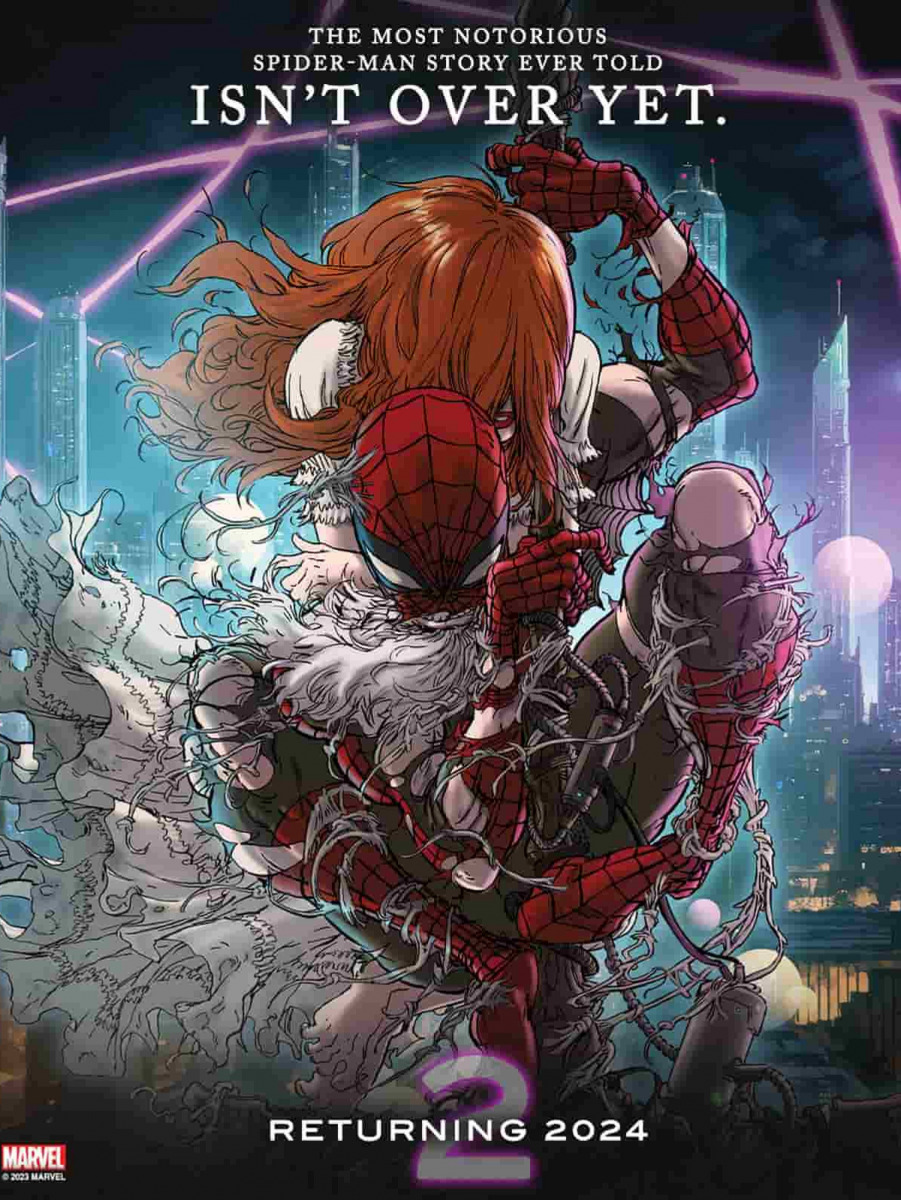 Poster d'annuncio del sequel di Spider-Man: Il Regno in cui un barbuto Spidey tiene sulle spalle Mary Jane