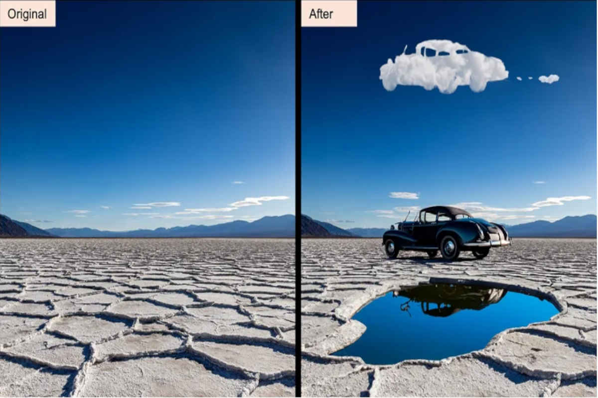 L'immagine è divisa in due parti: a sisnistra c'è una veduta di una terra argillosa senza alcun oggetto, a destra compaiono un laghetto, un'auto e una nuvola a forma di automobile.