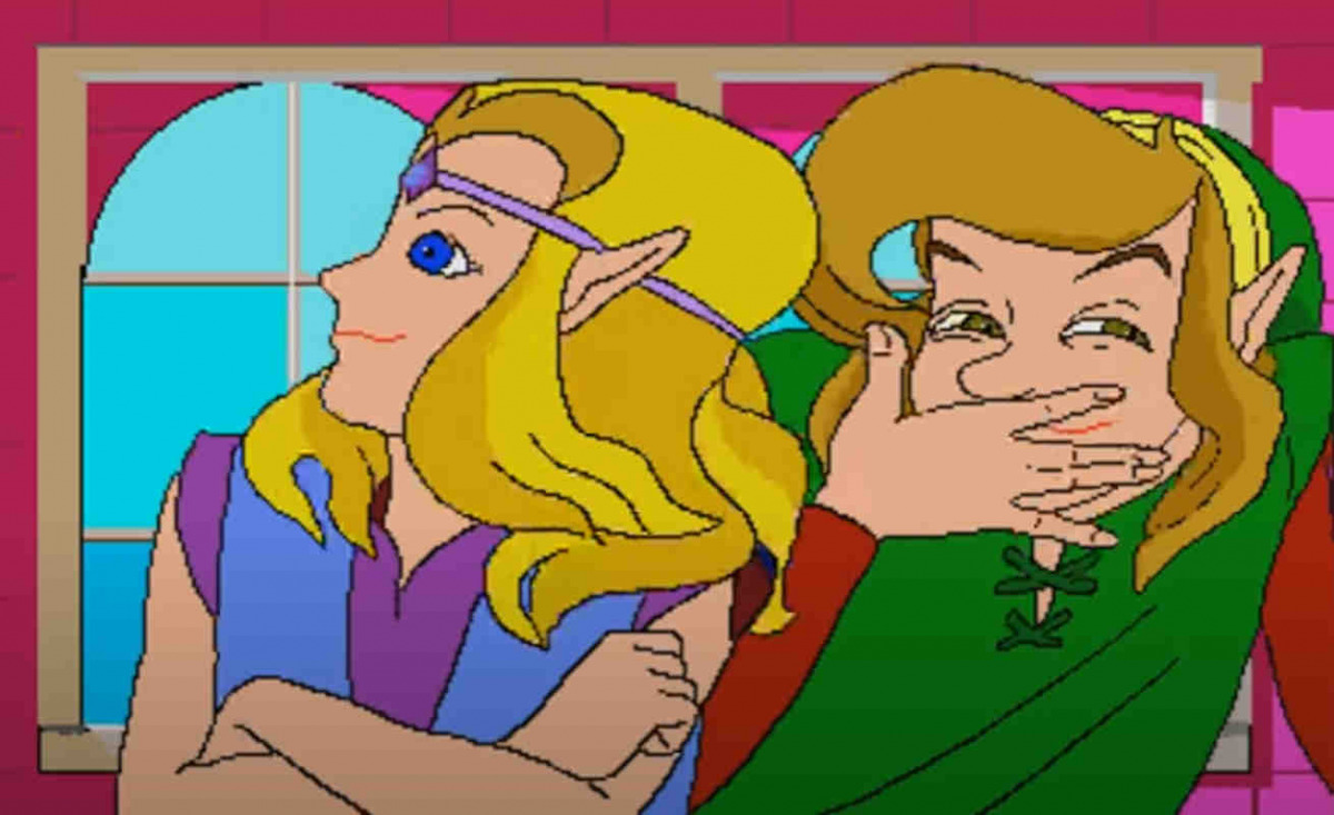 Un frame dall'introduzione di Lindk: The Faces of Evil. Link sta per partire all'avventura e con uno sguardo furbo ride mentre Zelda gli da le spalle offesa.