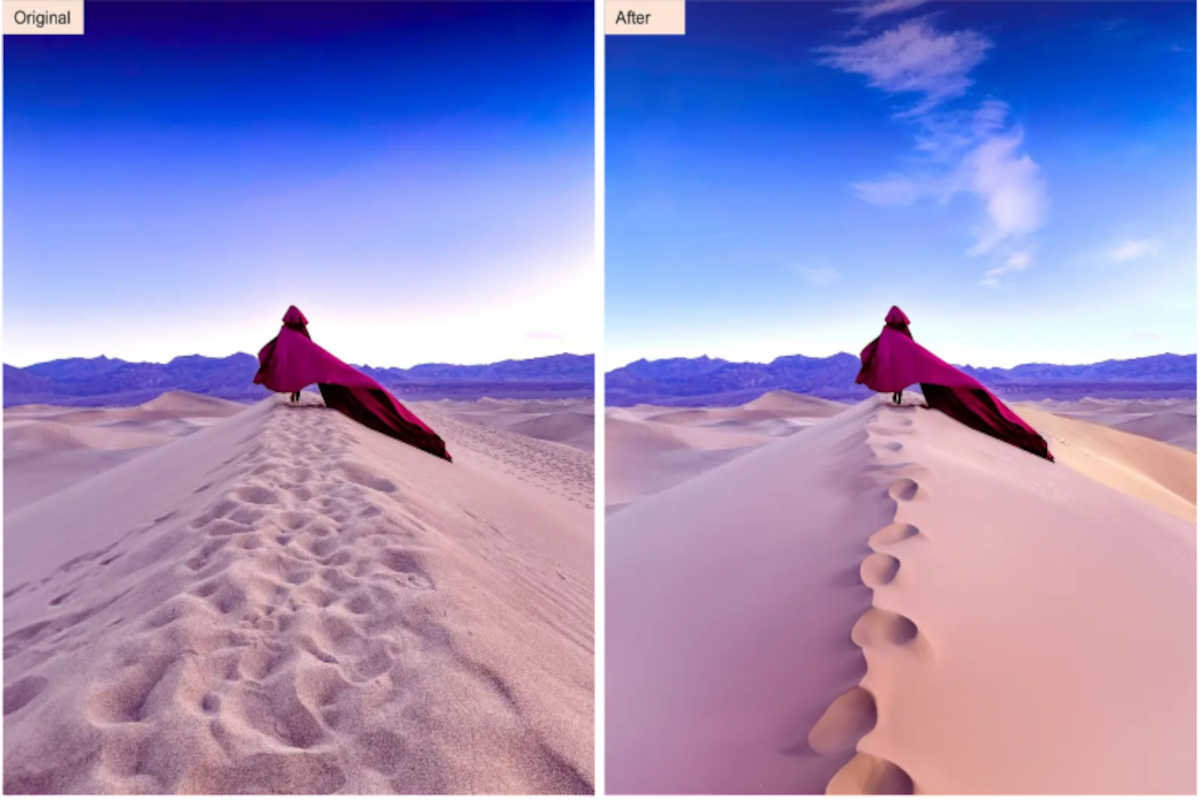 Una figura con una lunga veste rossa sta camminando nel deserto. L'immagine è divisa in due parti: a sinistra la sabbia è confusa, mentre a destra è molto più ordinata tramite l'utilizzo dell'IA 