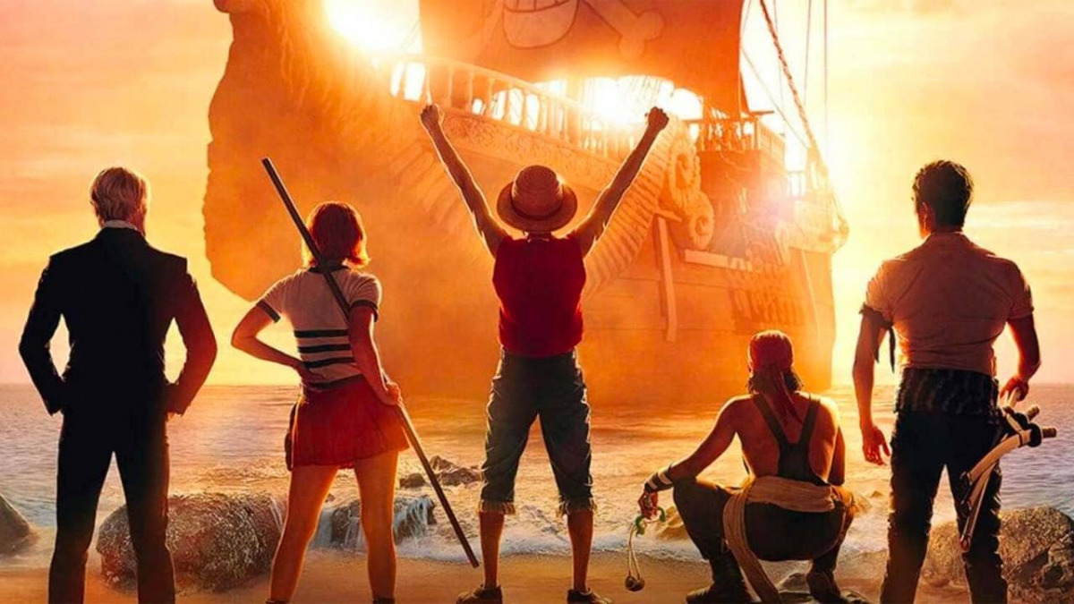 Immagine promozionale con la ciurma di Luffy di spalle davanti la loro nave.