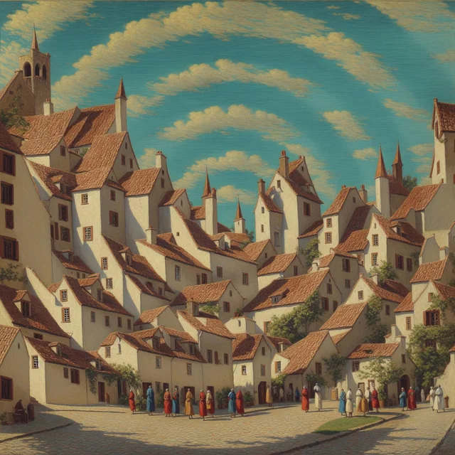L'immagine è stata generata usando l'IA Stable Diffusion. Raffigura una cittadina medievale su più livelli. La composizione di luci ed ombre è impostata secondo una spirale.