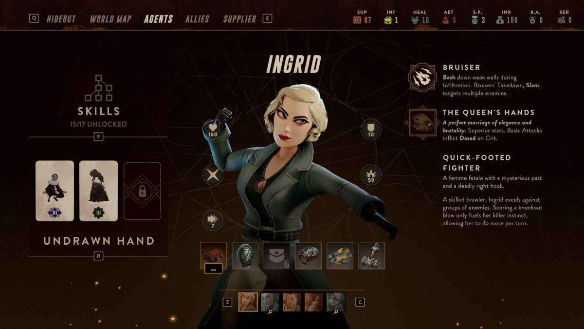 Schermata di informazioni sull'agente donna Ingrid, una lottatrice molto forte