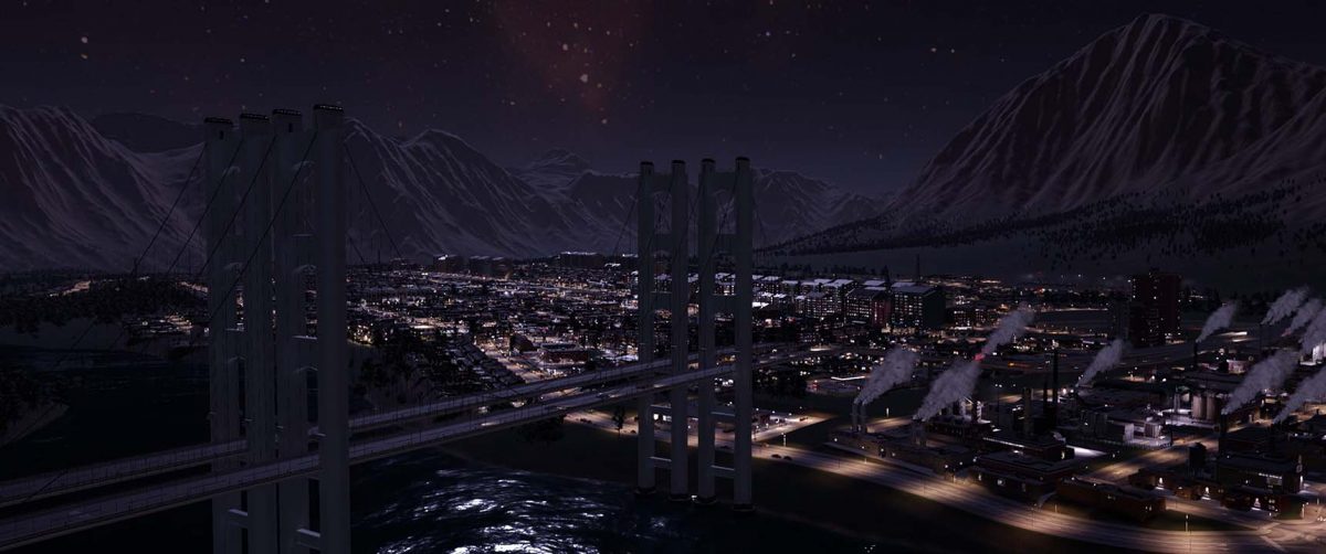 Ponte e panorama notturno in Cities: Skylines II
